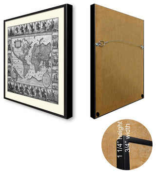 World Vintage Map Print On Canvas With Black Custom Frame, 28" X 37"