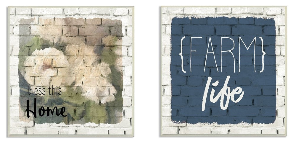 Bless This Home Farm Life White Brick Look 2-Piece Wall Plaque Art Set, 12"x12"