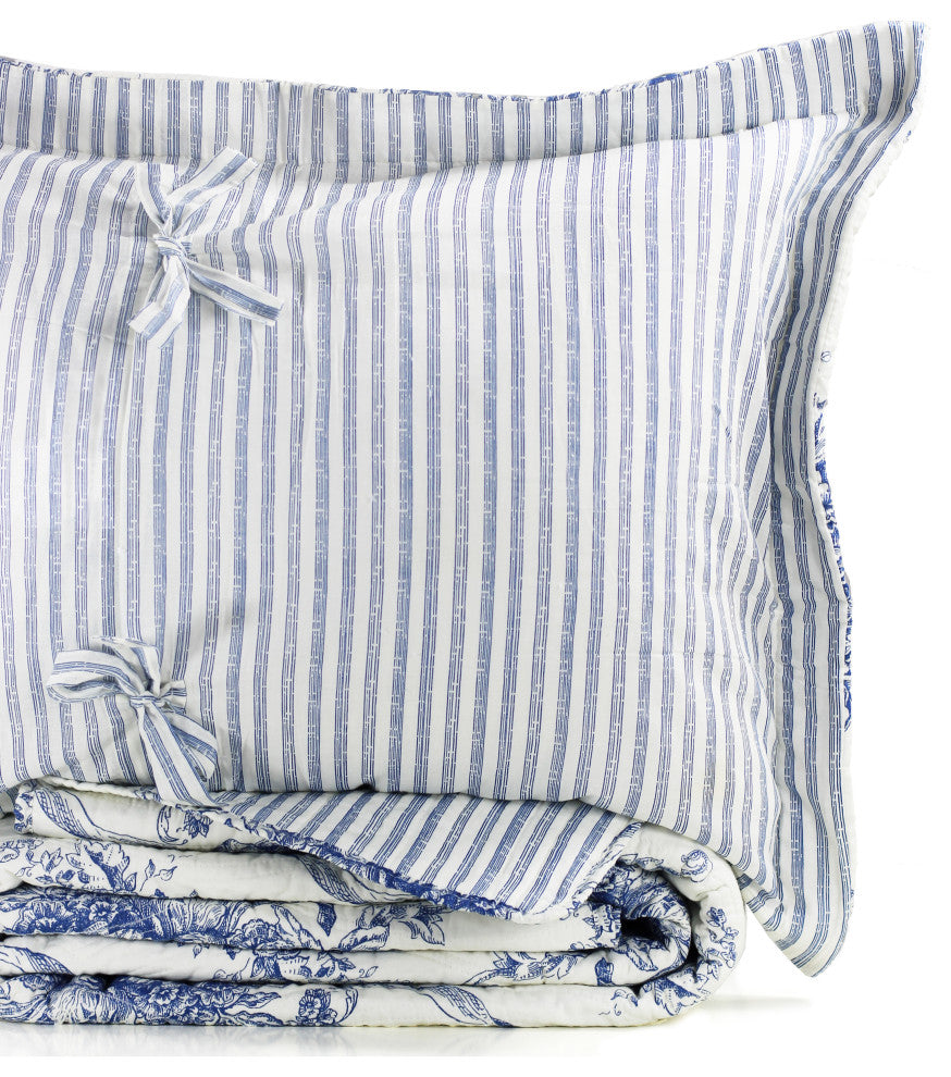 Toile Cotton Reversible Bamboo Stripe Quilt Set, Navy, King