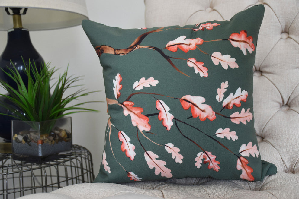 20" Wild Oak Branch Dark Green Floral Print Decorative Throw Pillow