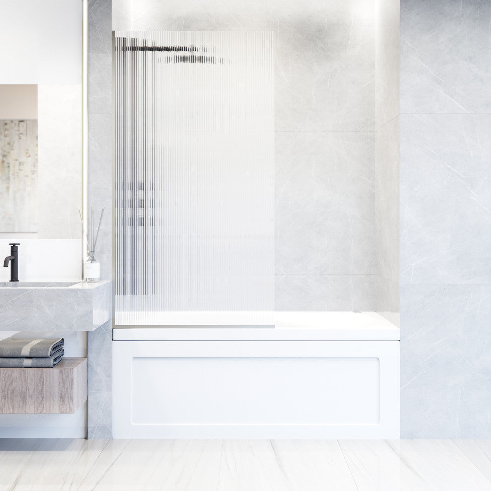 VIGO Zenith Frameless Fixed, Stainless Steel, Tub Screen, 34" W X 62" H, Fluted Glass
