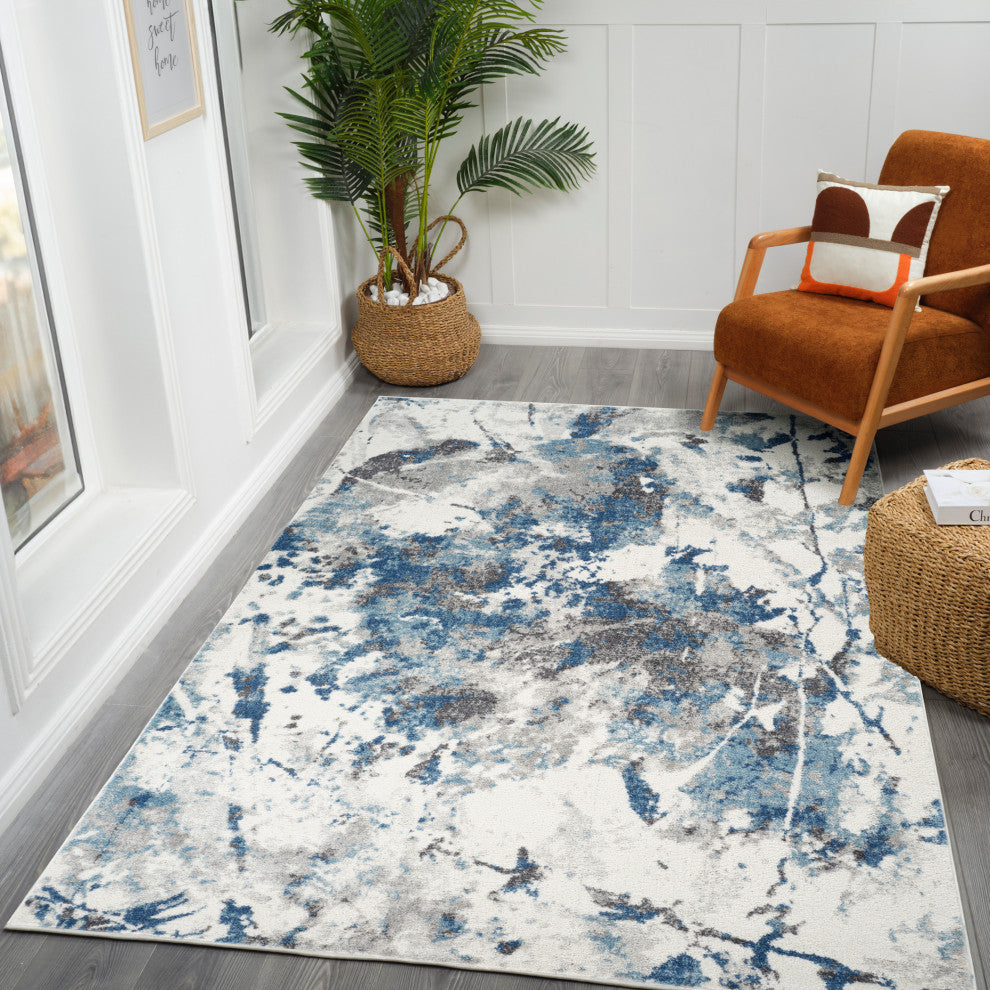 Clifton Abstract Ivory Blue Power-Loom Area Rug 5'3" x 7'6"