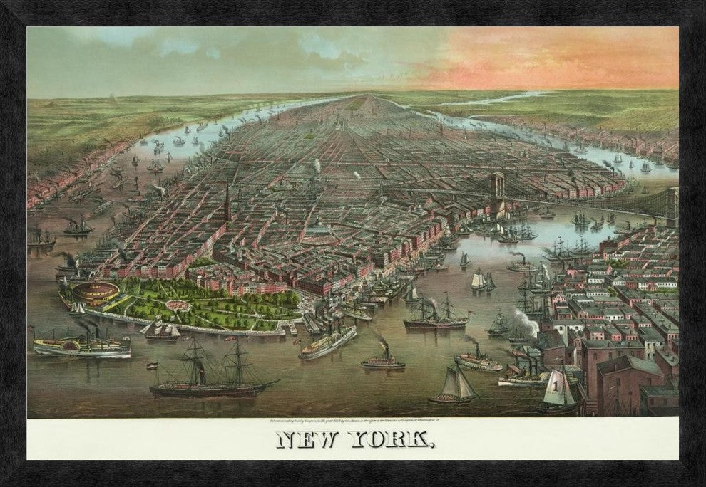 "Birds-eye view of Manhattan, New York" Framed Canvas Giclee, 32"x22"