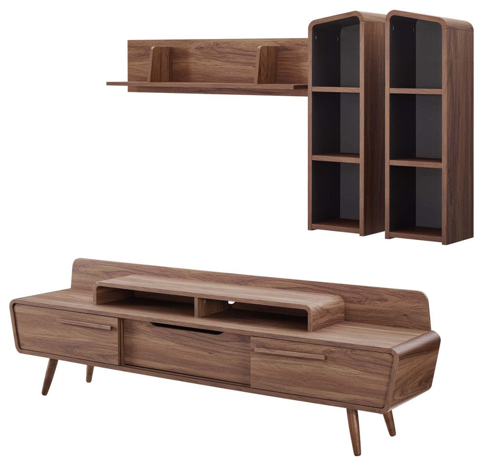 Modern Lounge Media TV Stand Storage Set, Wood, Natural Walnut Gray Grey