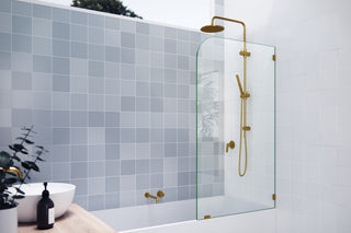 34"x58.25" Frameless Bathtub Shower Door Single Fixed Panel Radius, Satin Brass