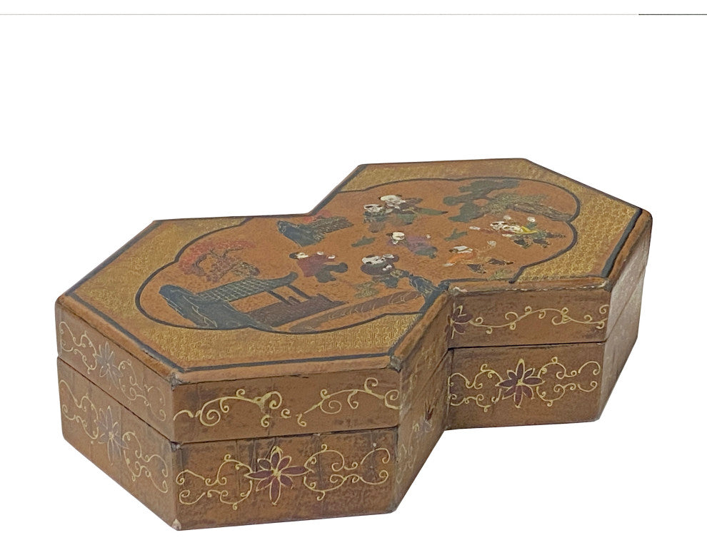 Chinese Distressed Brown People Graphic Rectangular Decagon Shape Box Hws2348