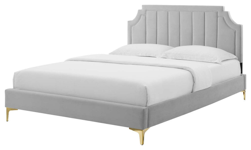 Platform Bed Frame, Twin Size, Velvet, Light Grey Gray, Modern Contemporary