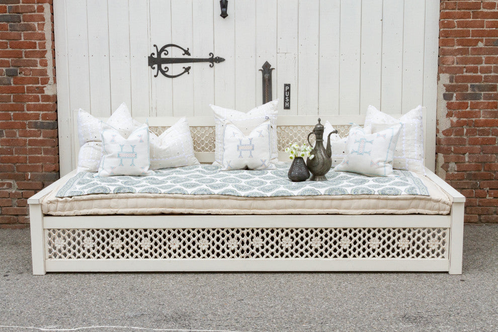 Very Long Antique White Floral Jali Daybed