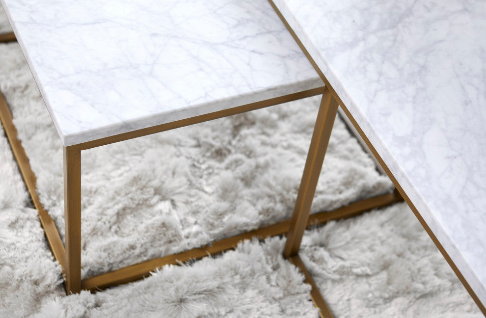Rectangle Carrera Nesting Coffee Table White Carrera Marble, Brushed Gold