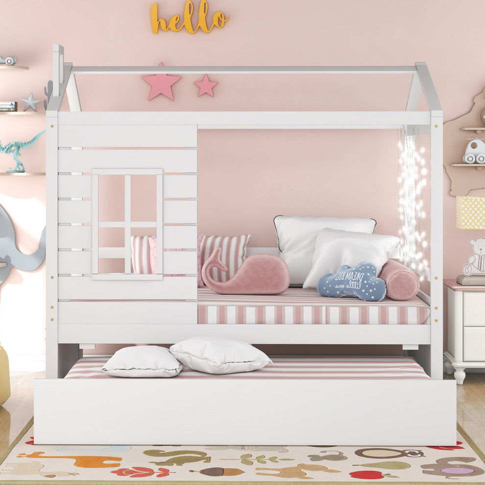 Gewnee Wood Twin House Bed with Twin Size Trundle in White
