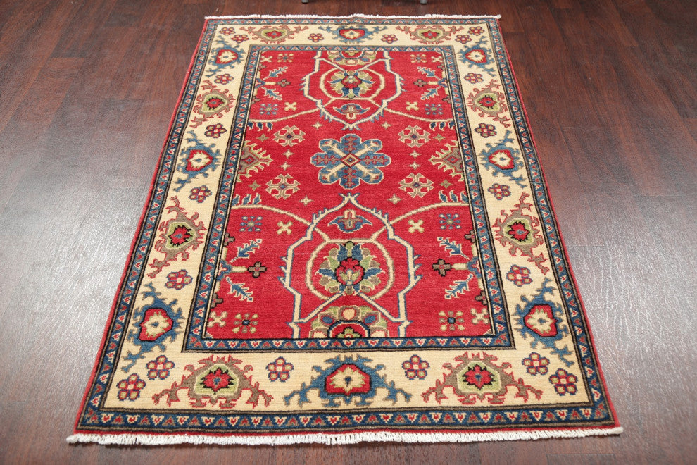 Hand Made Kazak Oriental Traditional Pakistani Area Rug, Red, 5'1"x3'5