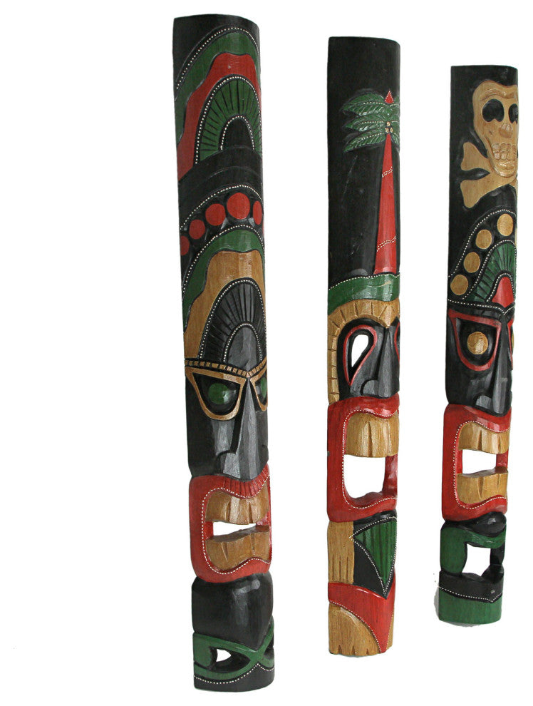 Set of 3 Hand Carved 39 Inch Tall Island Style Polynesian Tiki Masks
