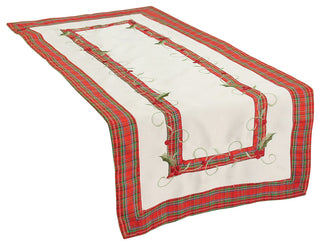 Tartan Ribbon Embroidered Christmas Table Runner, White, 16"x34"