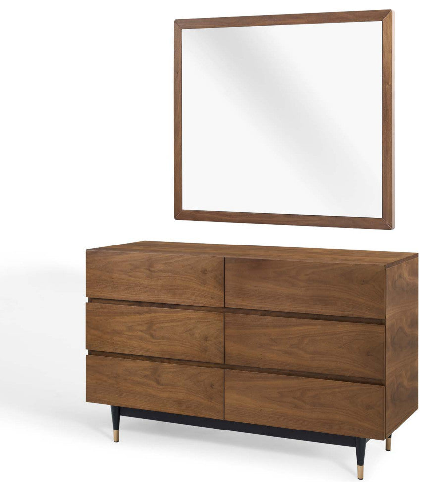 Dresser Drawer Chest Mirror Set, Wood, Brown Walnut, Modern Living Room