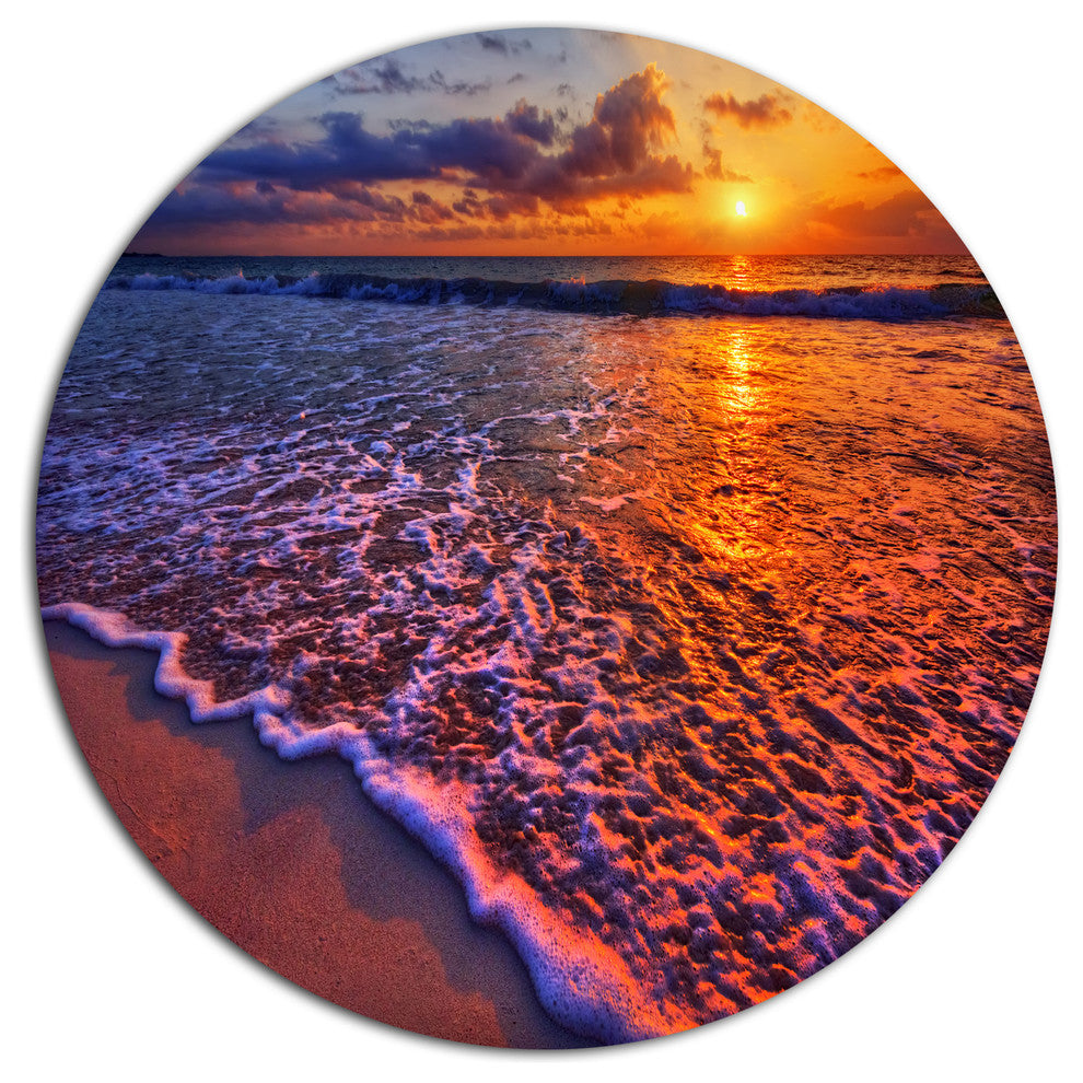 Colorful Sunset And Wavy Waters, Seashore Art Round Metal Wall Art, 11"