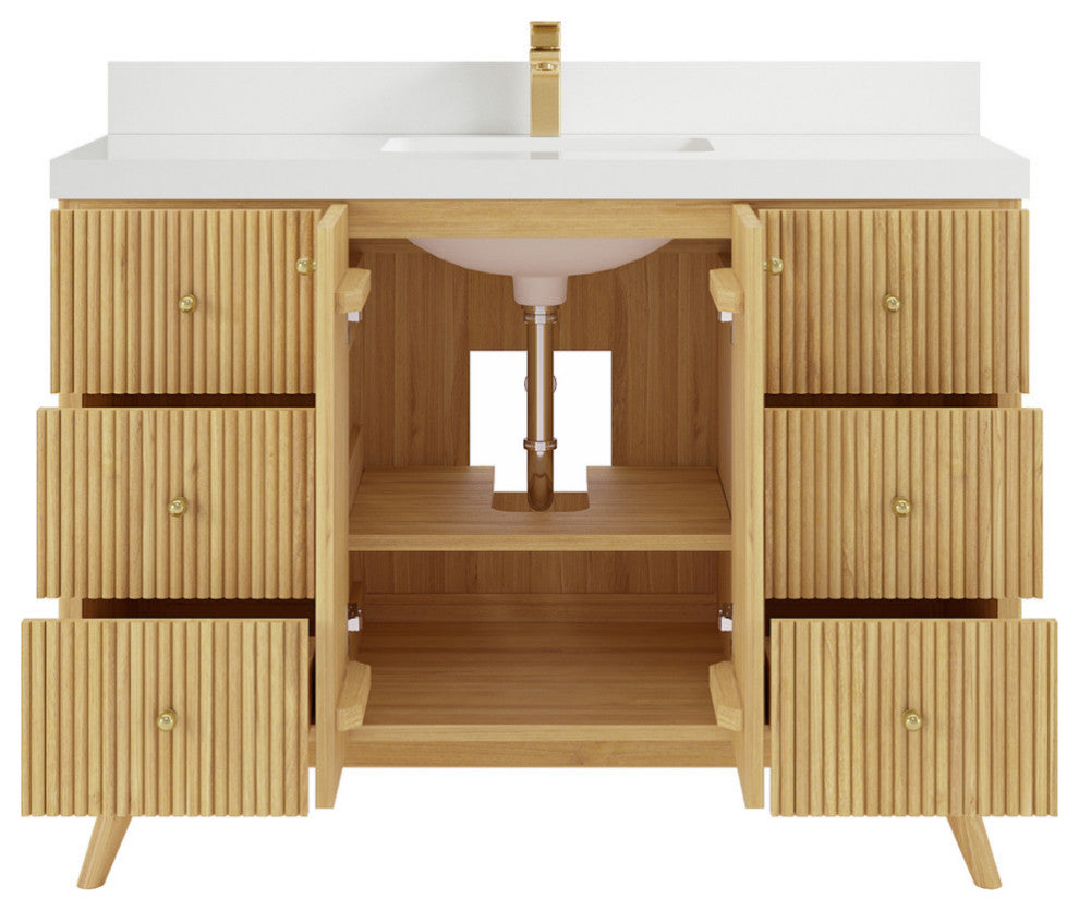 Pasadena 48 Single Sink Bath Vanity in Light Natural Teak 2" White Quartz