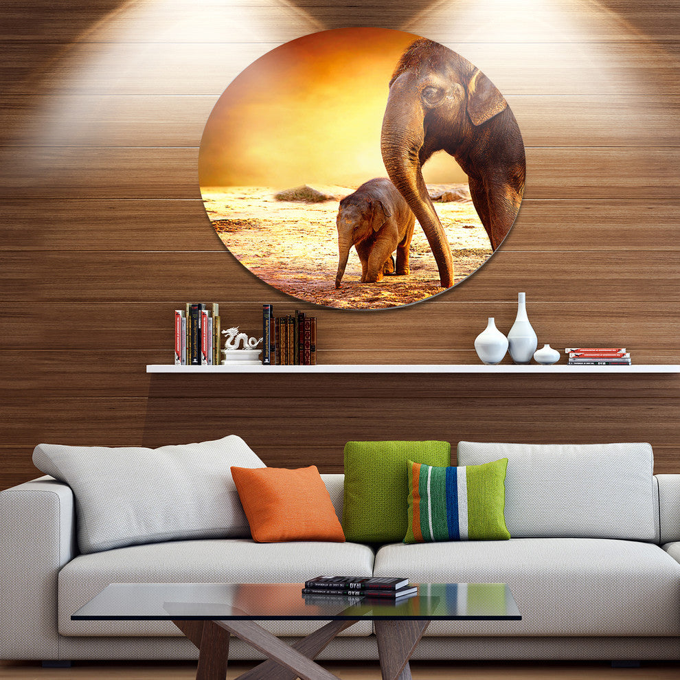 Elephant Mother And Baby Outdoors, African Disc Metal Wall Art, 36"