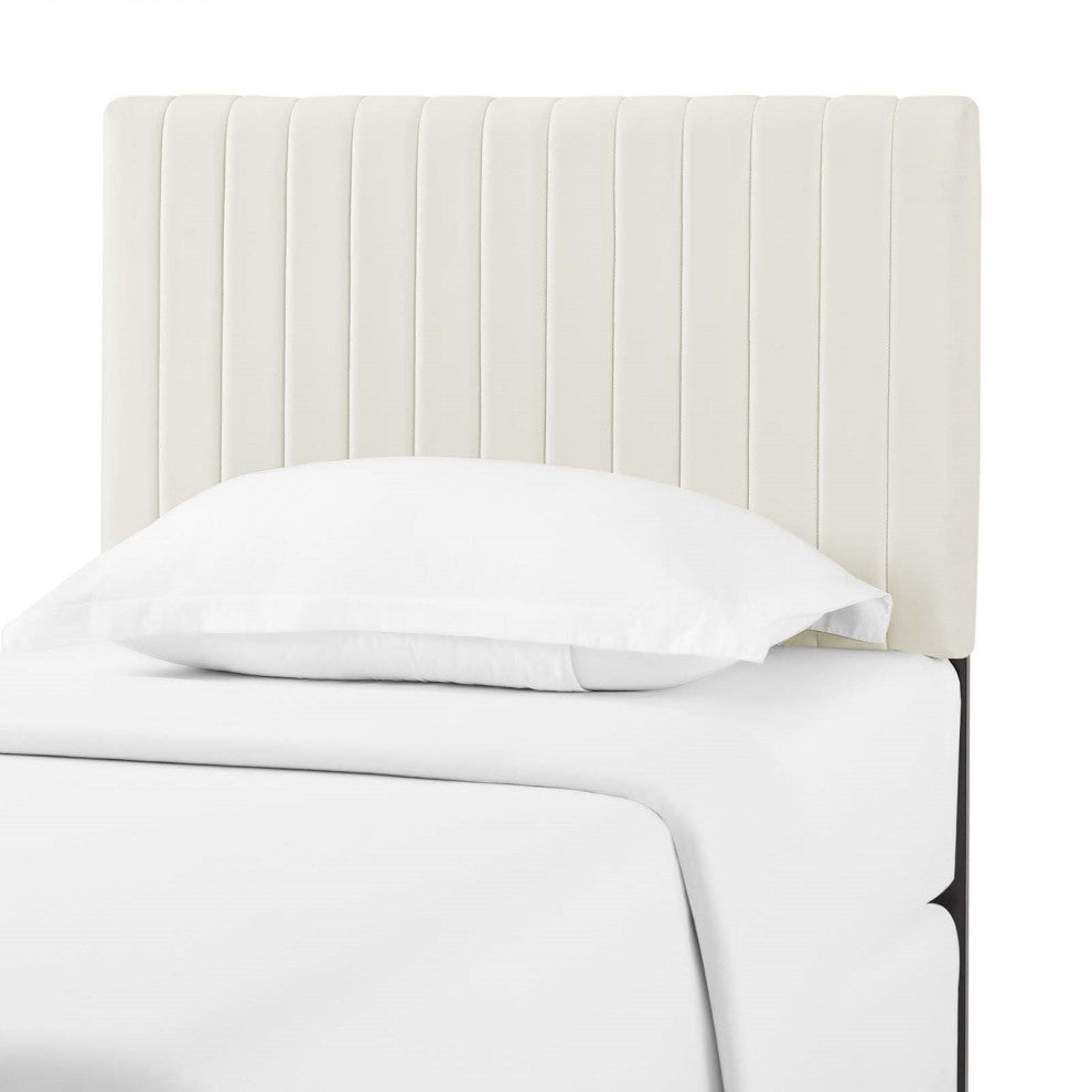 Contemporary Modern Bedroom Twin Size Headbaord, Velvet Fabric, Ivory White