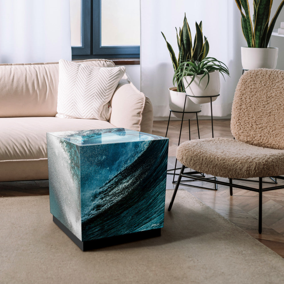 "Sapphire Sea" Printed Beveled Art Glass Table, Black Base, 22" X 22" X 22"