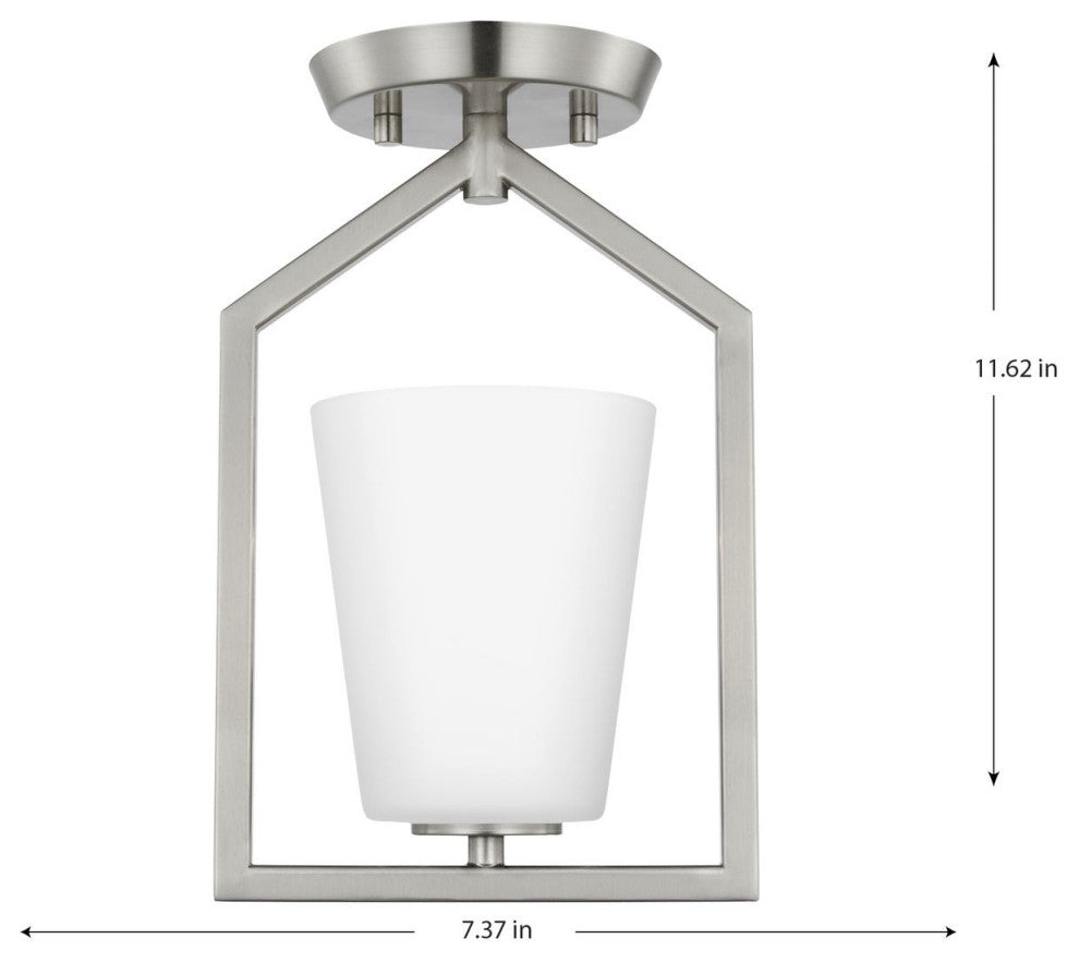 Vertex Collection One-Light Brushed Nickel Etched White Semi-Flush Mount Light