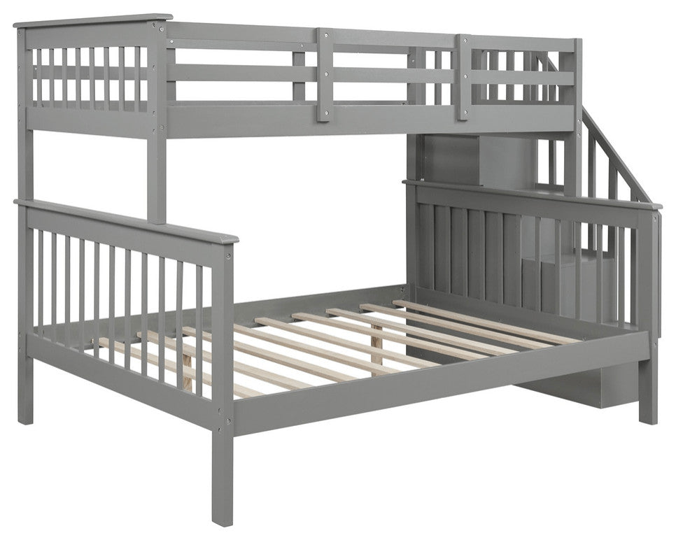 Gray Twin Over Full Contemporary Bunk Bed With Stairs And Shelves