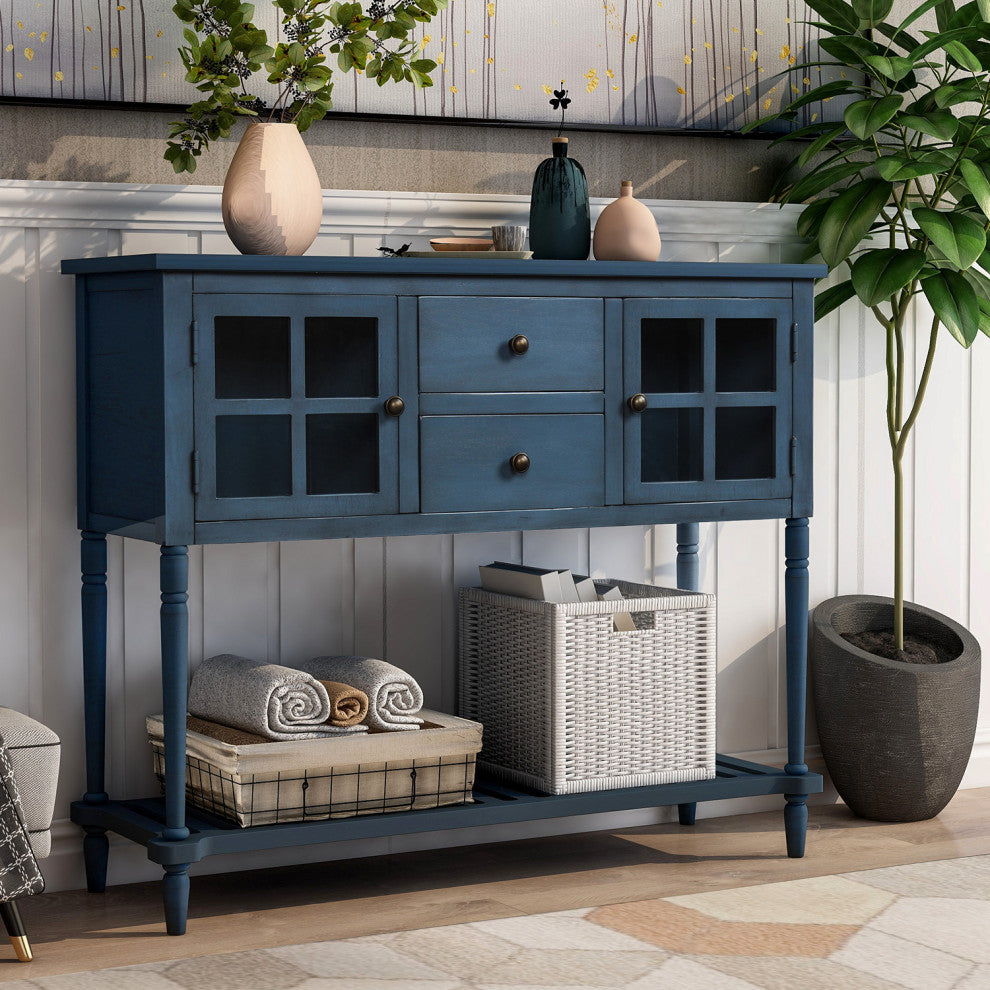 TATEUS Solid Wood  Console Table with Shelf and Storage in Antique Navy