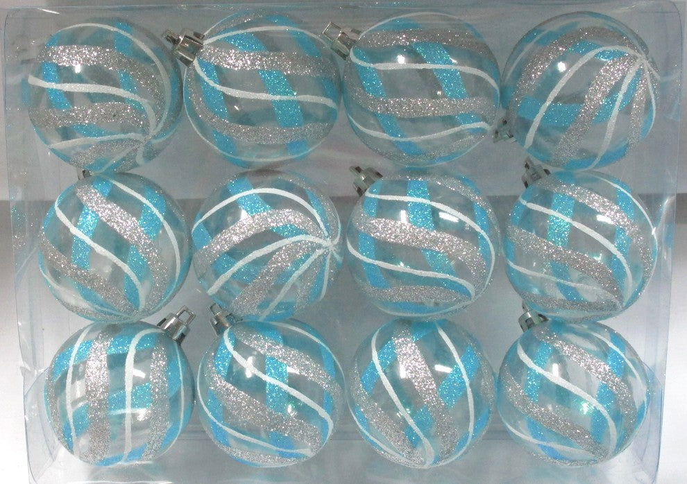 Clear Ball Ornament With Aqua, Silver And White Swirls Design, 12-Pack