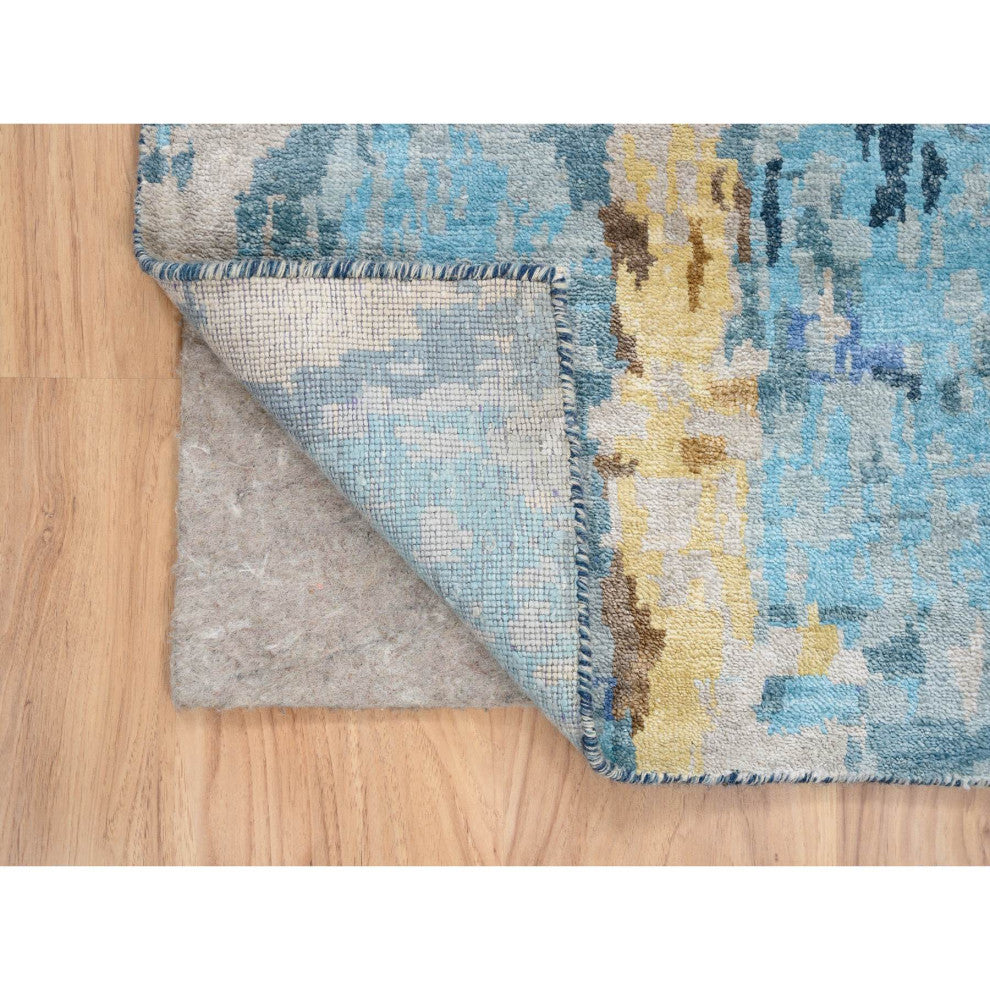 Denim Blue Hand Knotted, Mosaic Design Wool and Silk Runner Rug, 2'8" x 9'9"