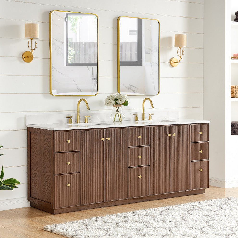 Oza Bath Vanity with Quartz Stone Top, Aged Dark Brown Oak, 84", Double Vanity, No Mirror