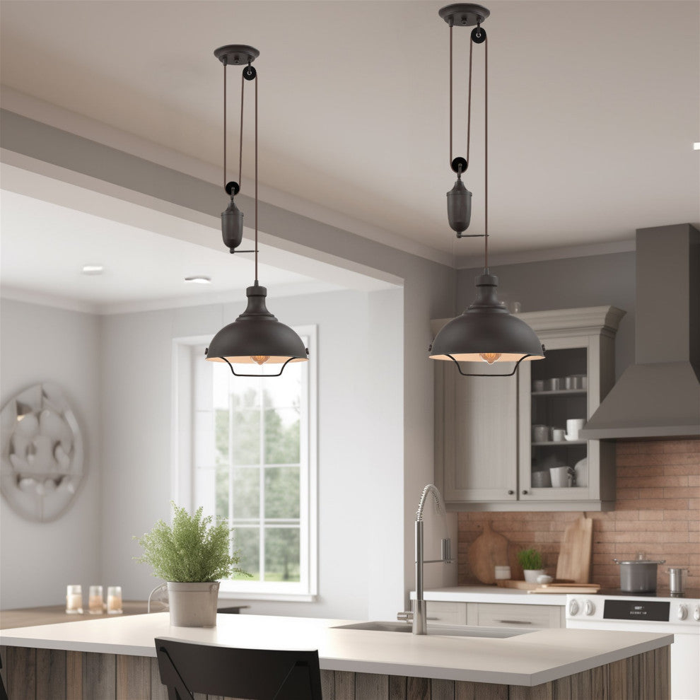 Kira Home Sequoia 13" Farmhouse Pulley Pendant Light, Retractable Design