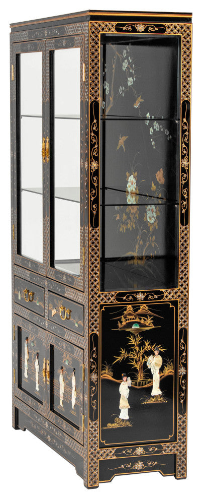 Black Lacquer China Cabinet Royal Ladies