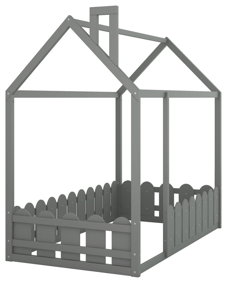 Gewnee Twin Size Wood House Bed with Fence in Gray