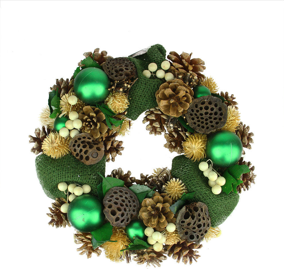 13" Green Burlap Pine Cone and Berry Artificial Christmas Wreath, Unlit