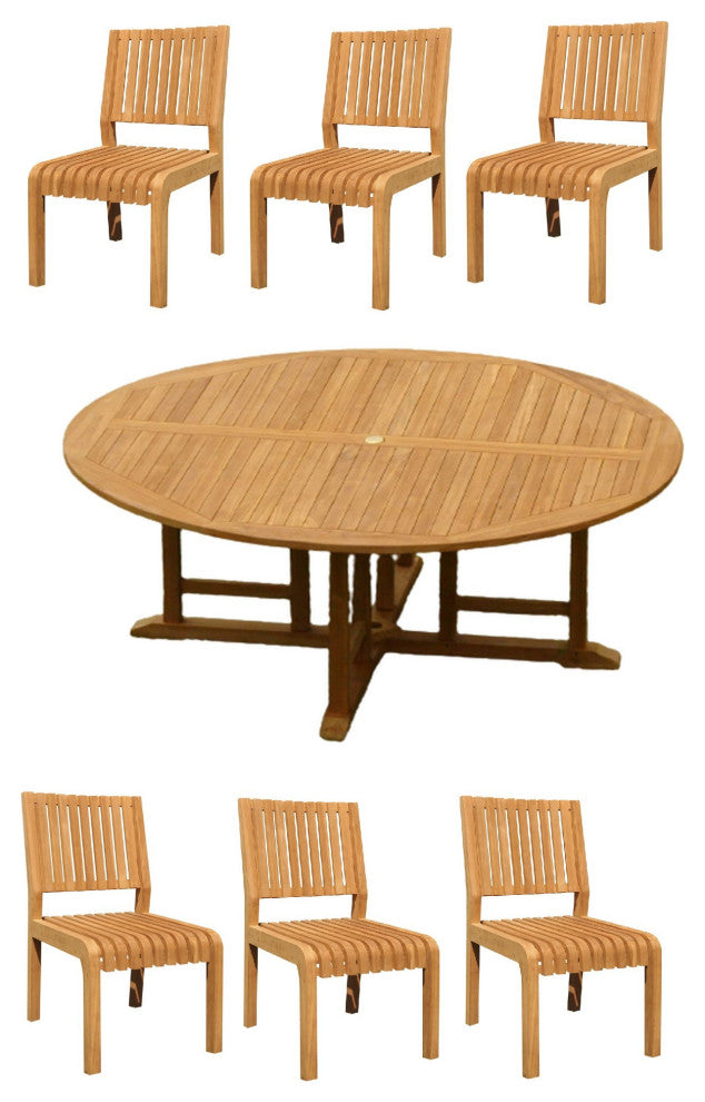 7-Piece Outdoor Teak Dining Set: 72" Round Table, 6 Maldives Armless Chairs