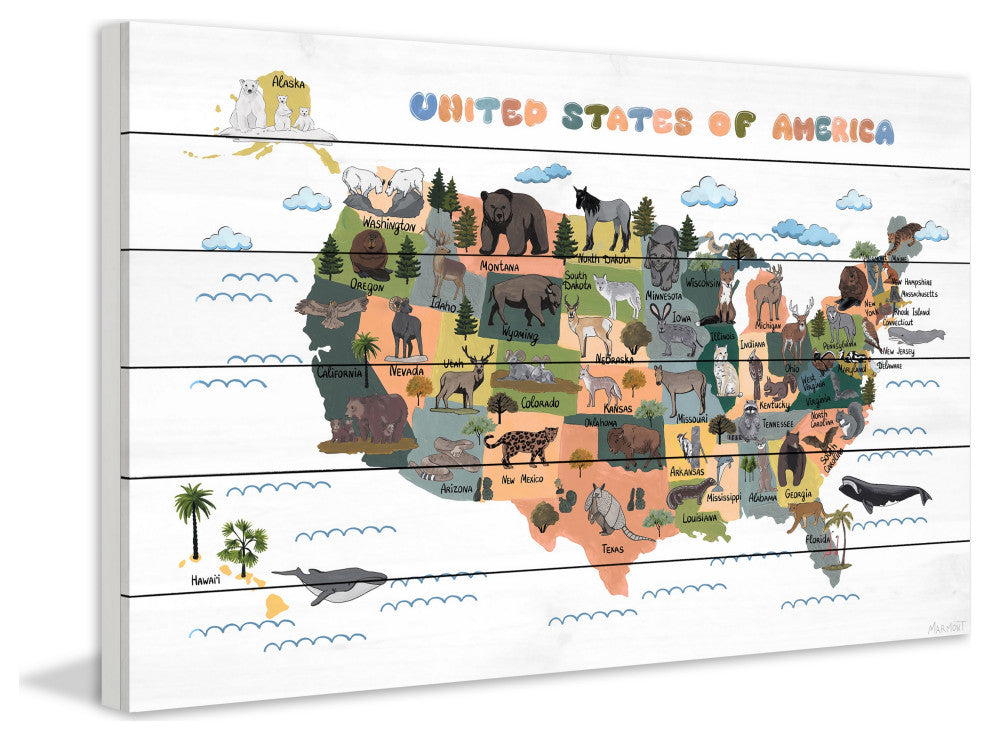 "Colorful US Animals Map" Painting Print on White Wood, 12x8