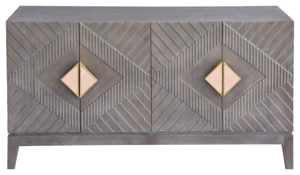 55" Mango Wood Sideboard Cabinet Console 4 Doors Shelf Diamond Carving Gray