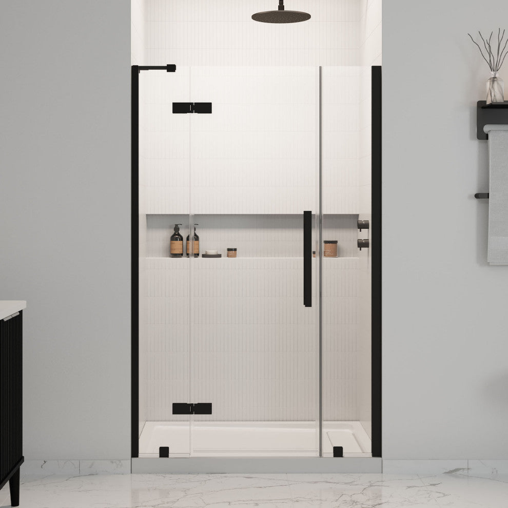 Tampa Alcove Frameless Pivot Hinge Shower Door Kit With Base Pan, Black, 48x32"