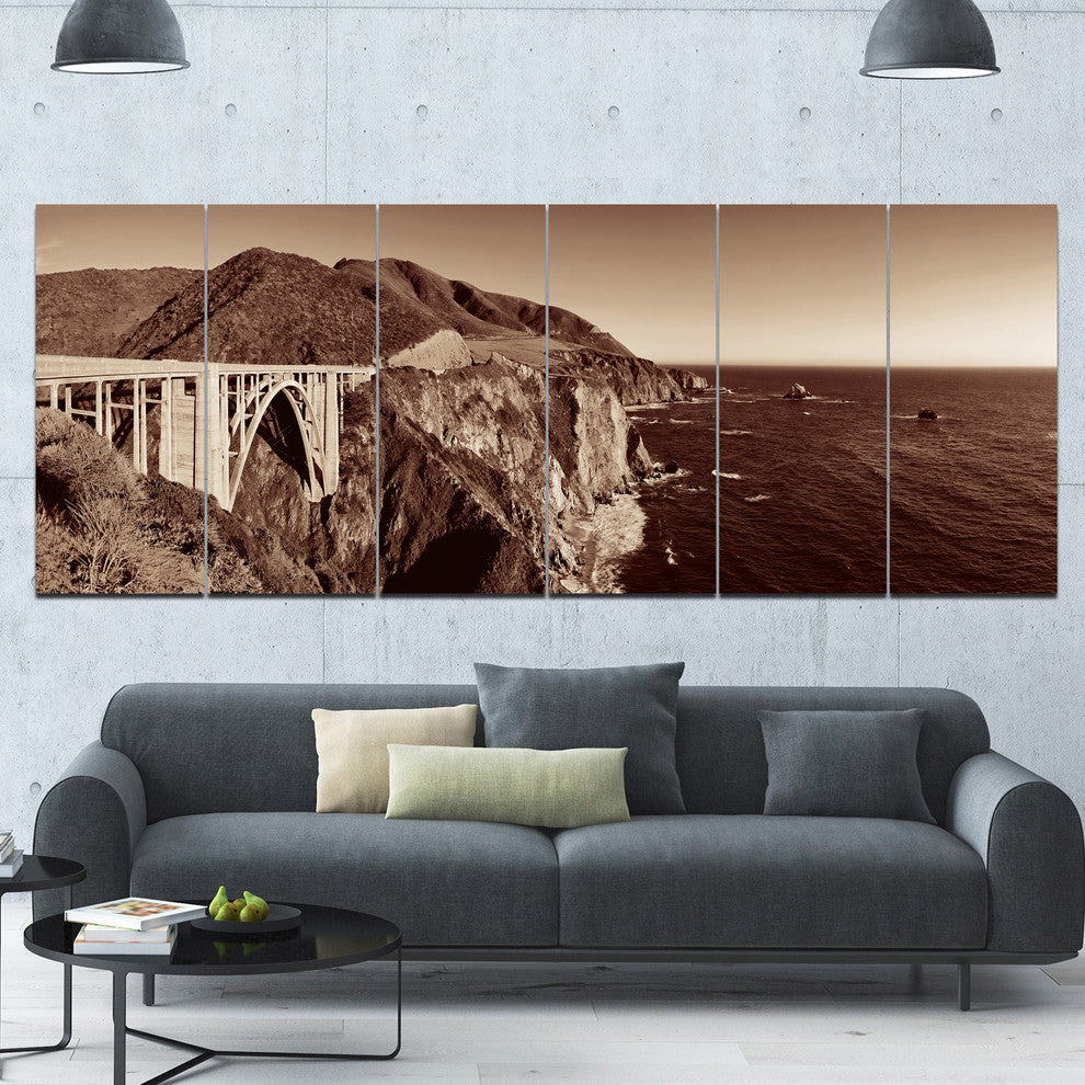 Bixby Bridge View Panorama, Landscape Canvas Art Print, 70"x28", 6 Panels