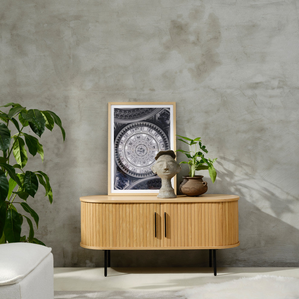 Mid-Century Modern Rounded Sliding Door TV Lowboard, Natural Oak, 47"