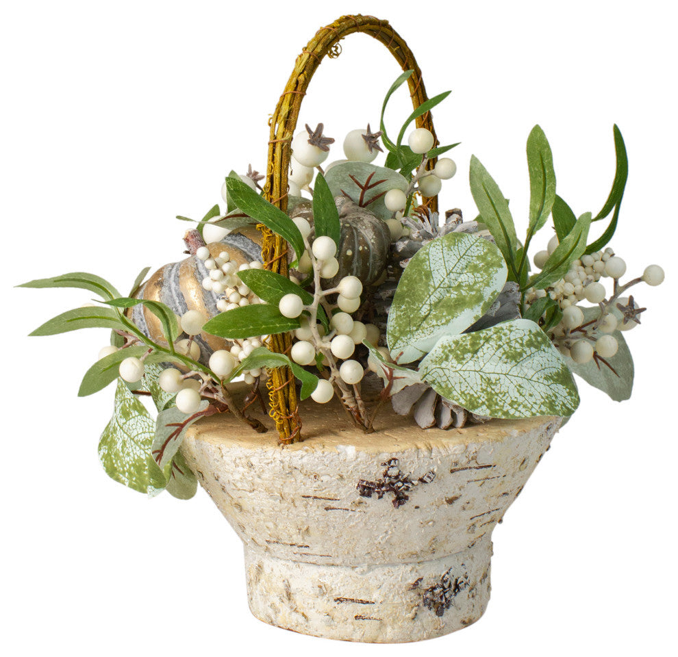 13" Pumpkin Berries and Leaves Artificial Fall Harvest Twig Basket