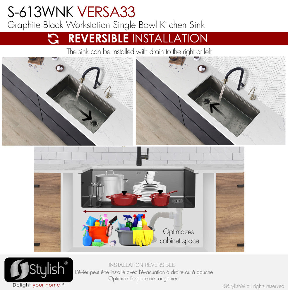 STYLISH 33 Undermount 33" Workstation 16G Single-Bowl Graphite Kitchen Sink