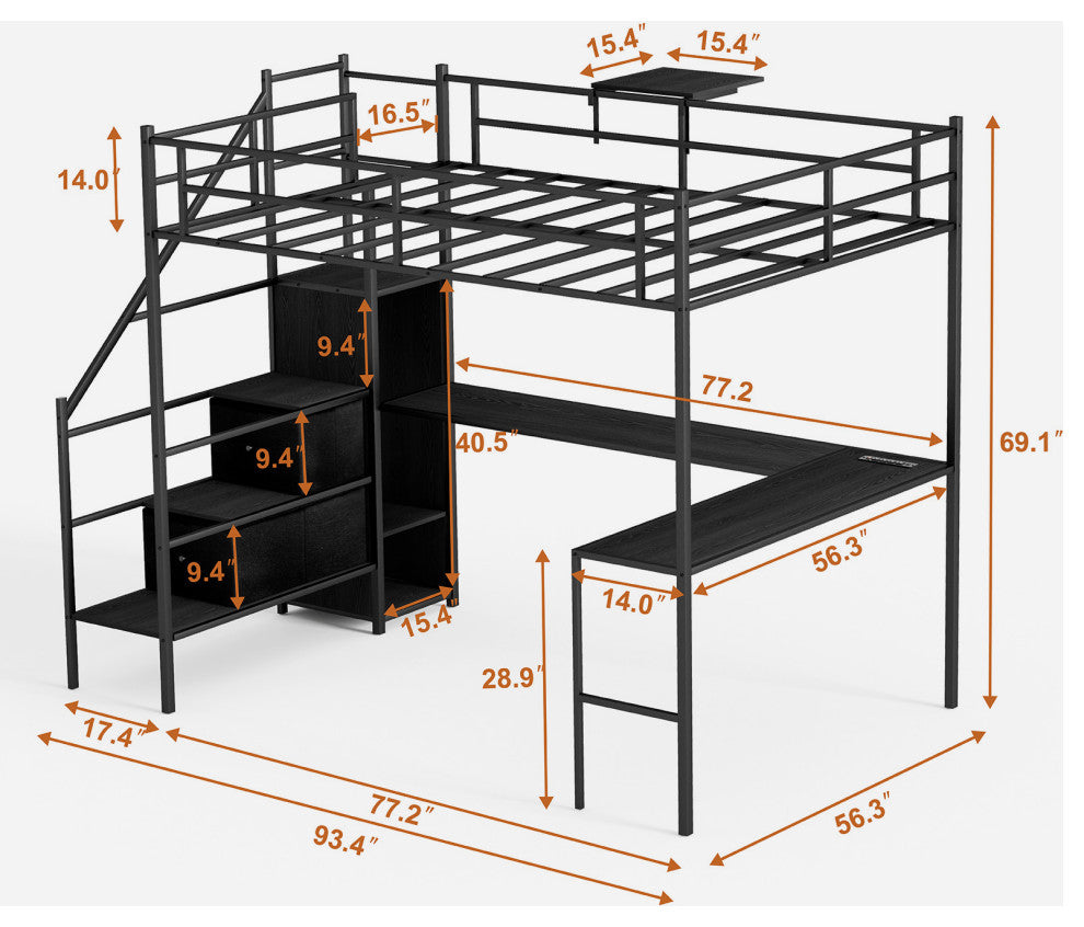 Gewnee Full Size Metal Loft Bed with L-shaped Desk