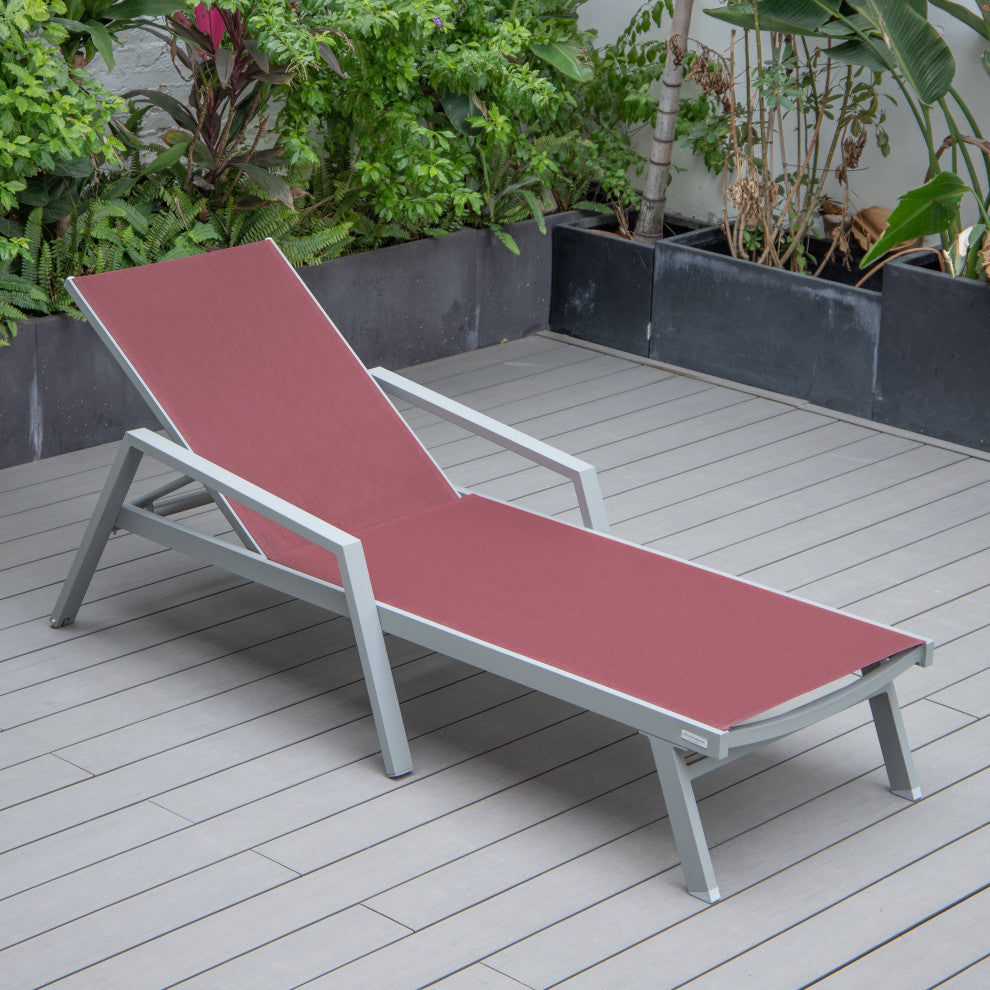LeisureMod Marlin Patio Chaise Lounge Chair With Arms Gray Frame, Burgundy