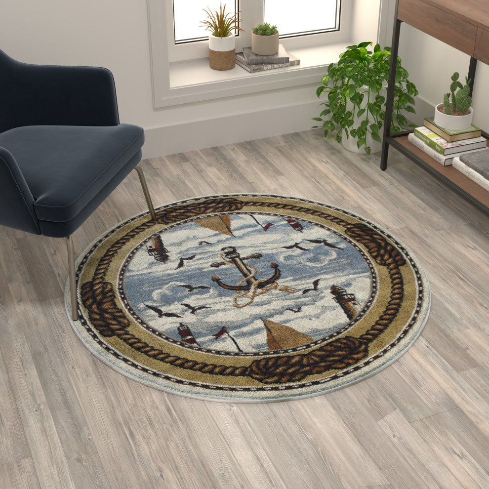 Angie Collection Round 4' x 4' Beige Nautical Themed Area Rug