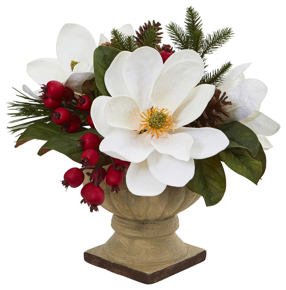15" Magnolia, Pine and Berries Artificial Arrangement