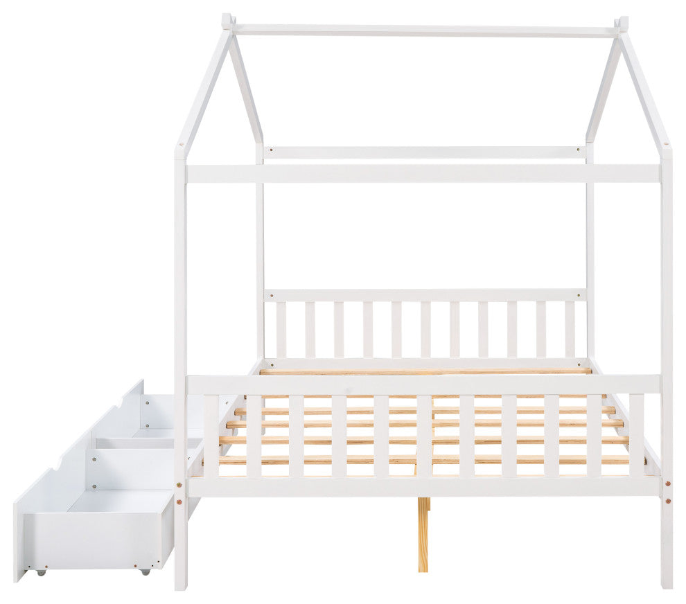 Gewnee Full Size House Platform Bed with Two Drawers,Headboard in White