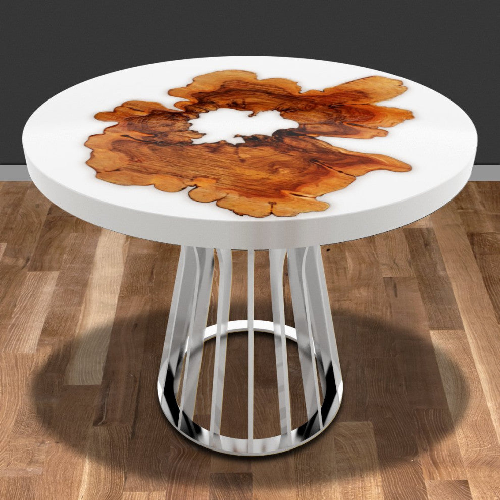 Cross-Cut Olive Wood Round Table, White Top and Chrome Base, 4 Seater