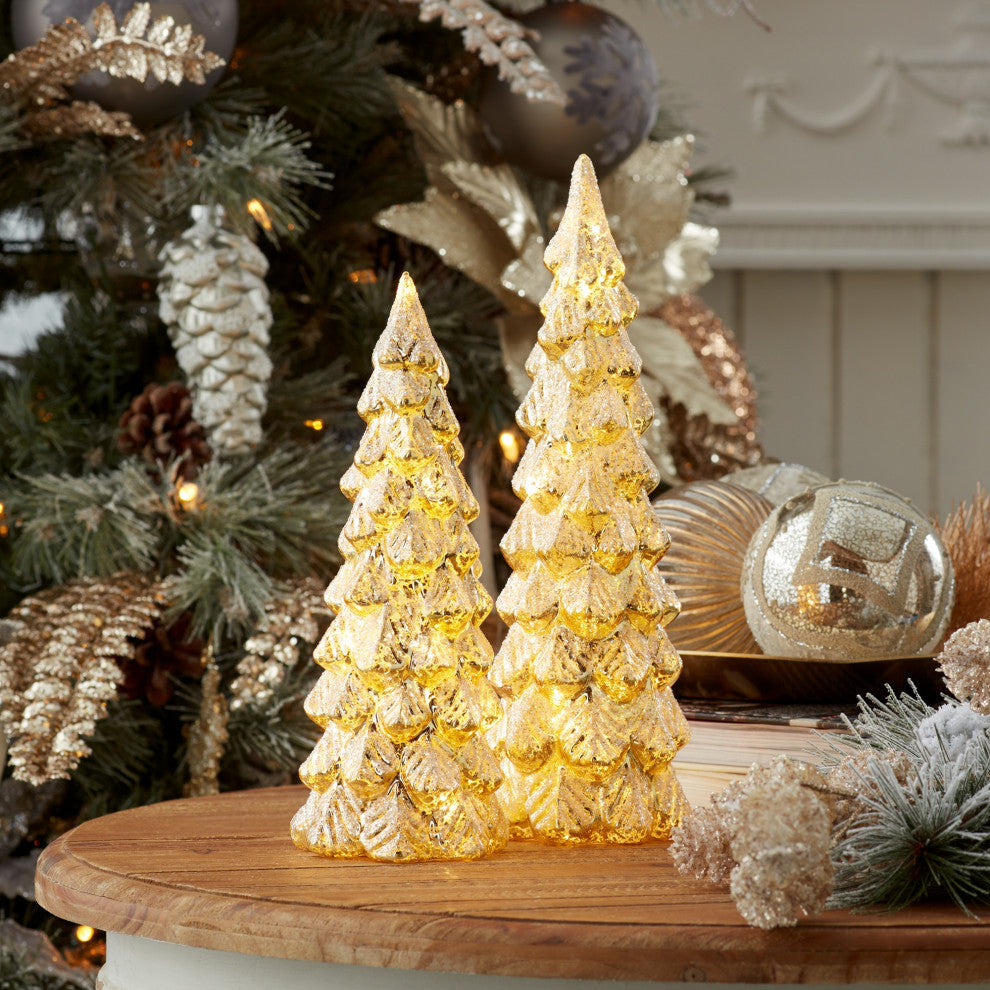 LED Glittered Glass Tree Decor, 2-Piece Set