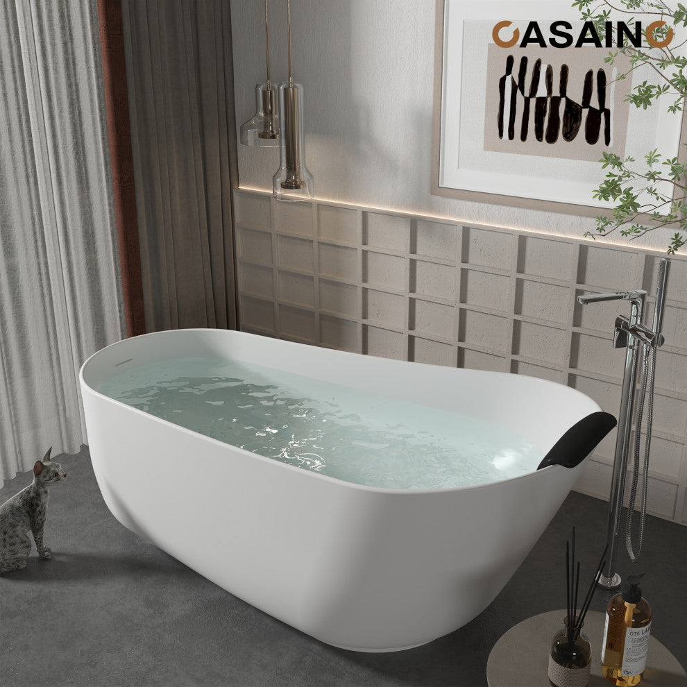 59in White Solid Surface Freestanding Soaking Bathtub with Drain, 59in