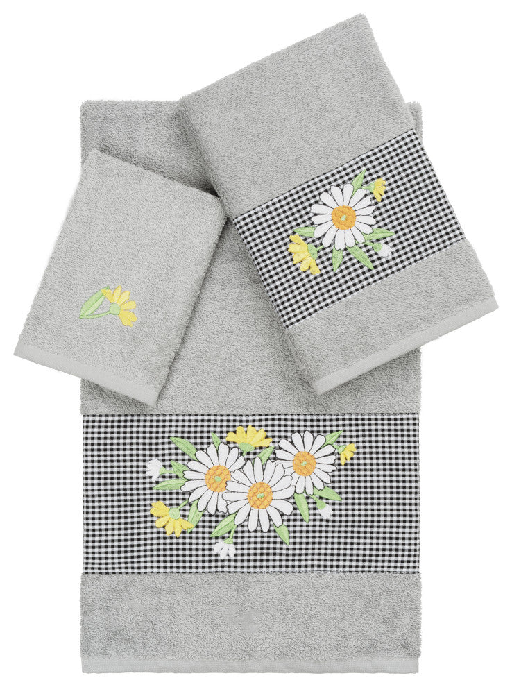 Linum Home Turkish Cotton Daisy 3-Piece Embellished Towel Set, Light Gray